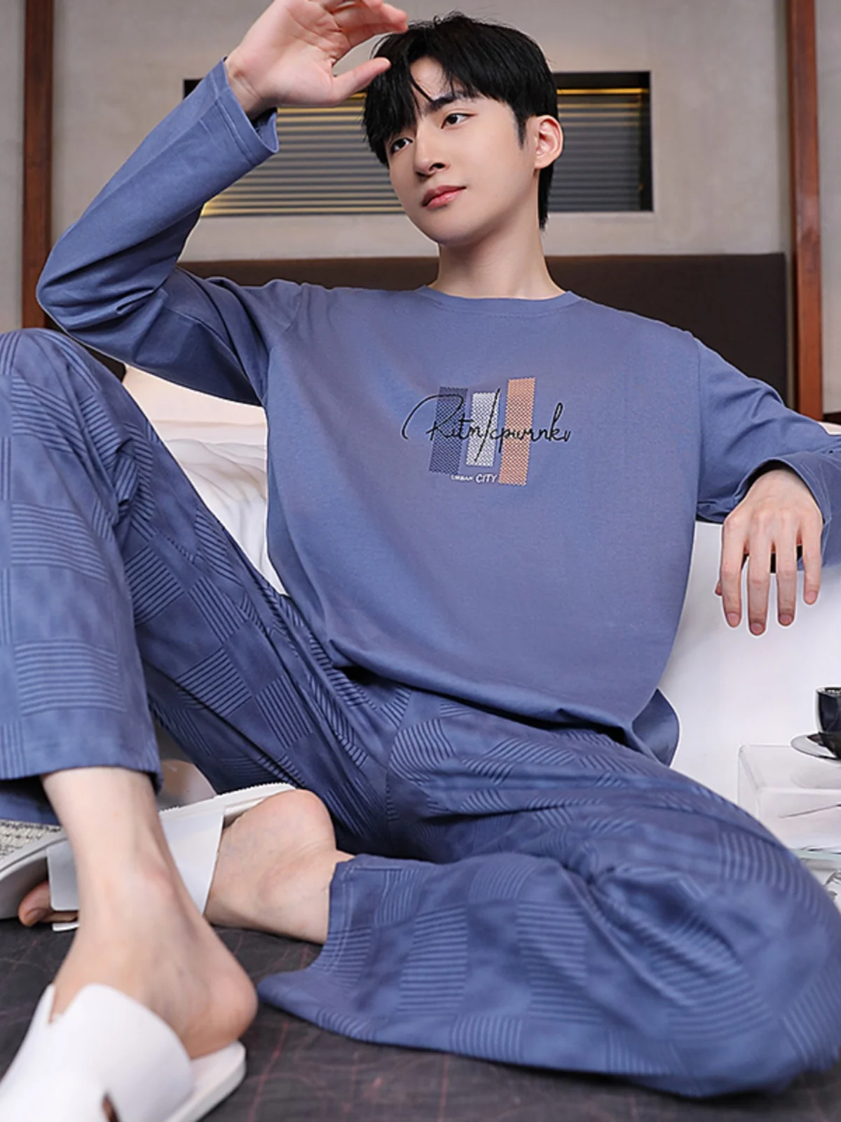 Мужские осенне-весенние пижамы из чистого хлопка с длинным рукавом весна осень и