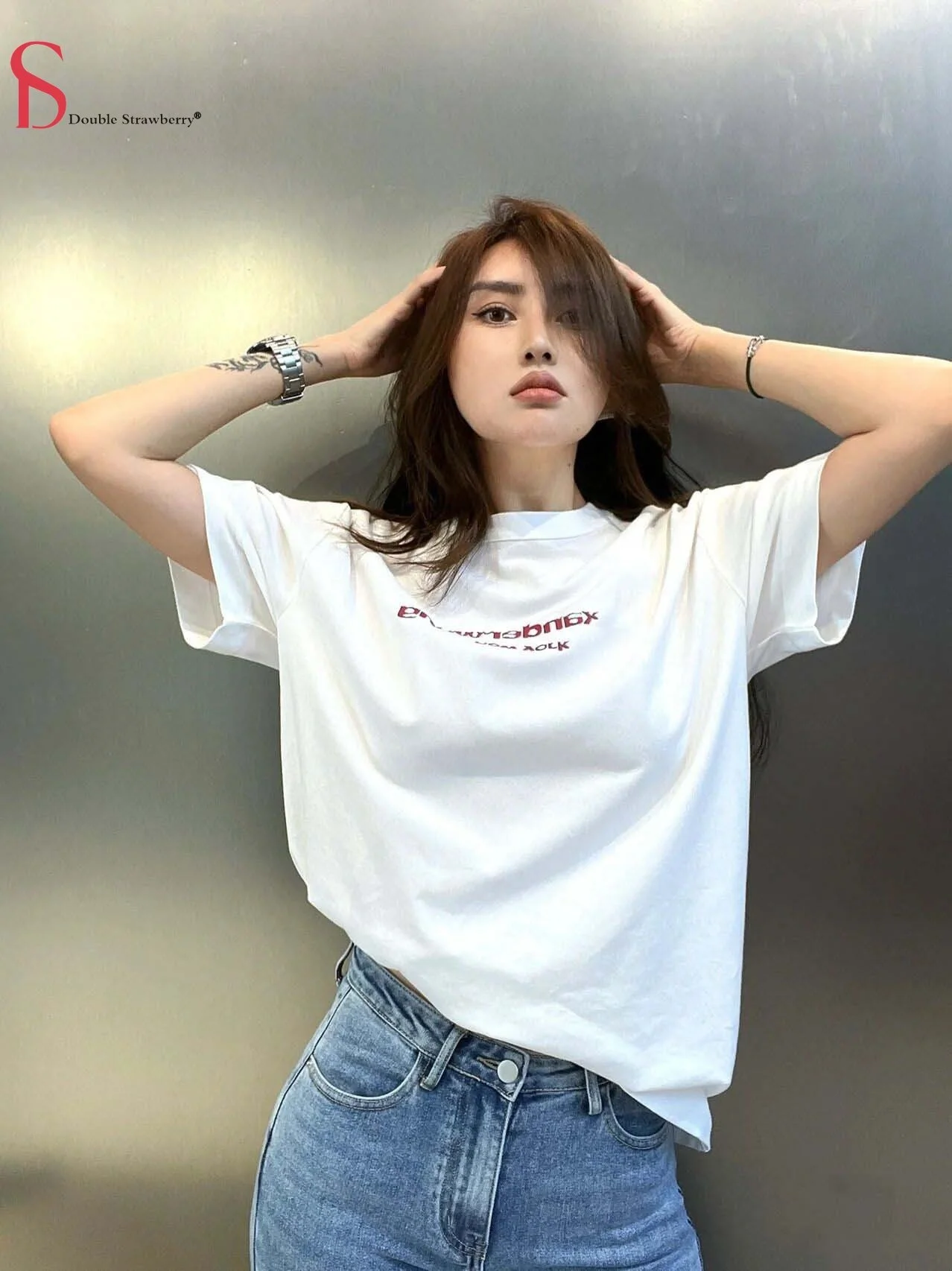 

Хлопковый Свободный пуловер с круглым вырезом и надписью Aw, новинка, мужская и женская футболка с коротким рукавом