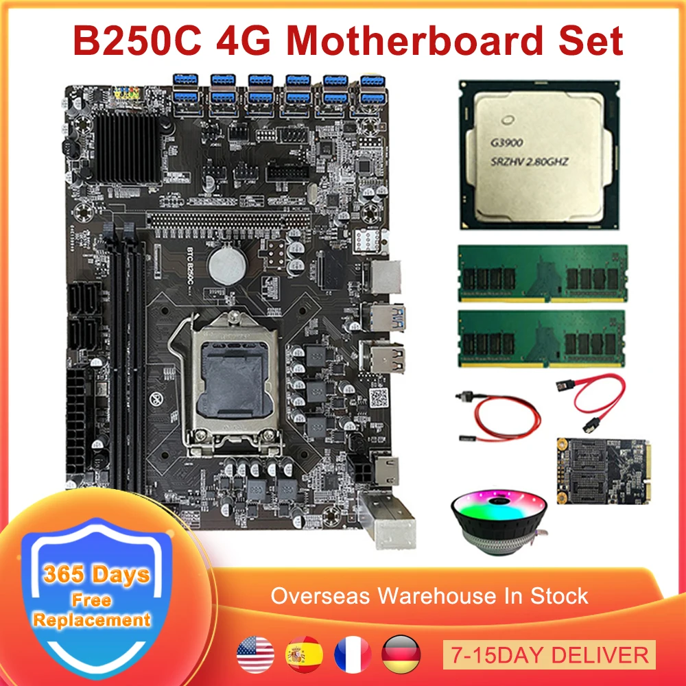 

Набор материнской платы B250C для майнинга BTC, MSATA LGA 1151 12 PCIE в разъем для графической карты USB3.0, G3900 ЦП 8 Гб DDR4 для ETH, Биткоин-Майнер