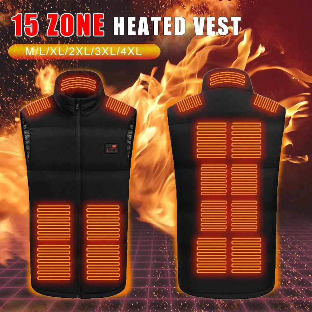 

15 Areas Heated Vest USB Charging Electric Heating Jacket Stand Collar Thermal Warm Vest For Winter Outdoor Hunting Fishing