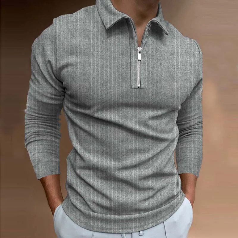 

Polo de manga larga con cremallera para hombre, Polo de Color puro con cuello vuelto, ropa de calle informal, Tops de moda