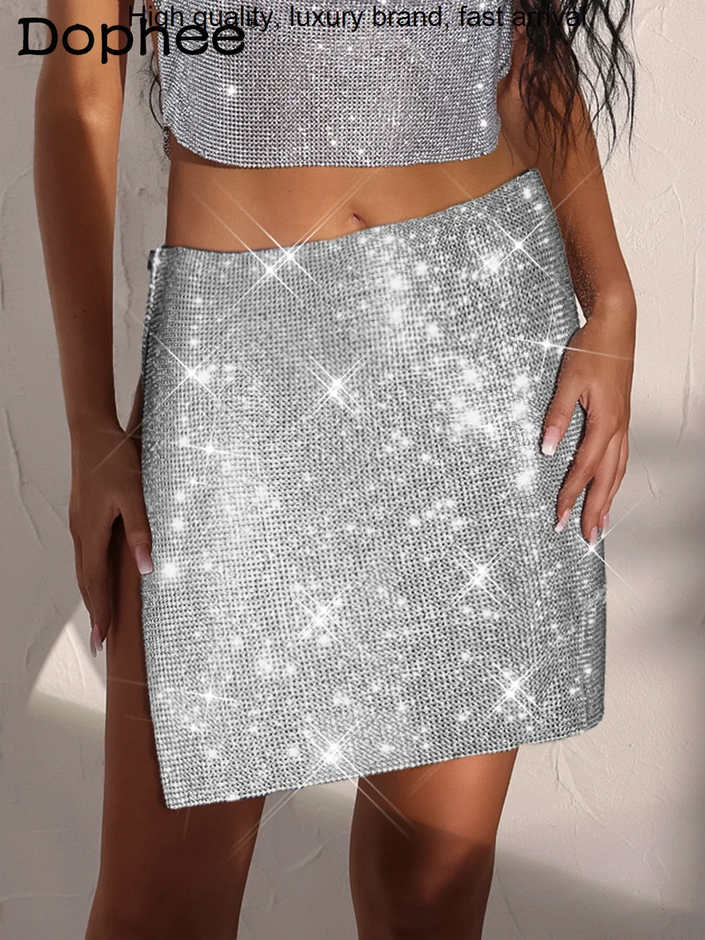 

Sexy Hot Selling Rhinestones Shiny Women High Waist Slimming Solid Simple Split Mini Skirt 2023 Autumn New Nightclub Falda
