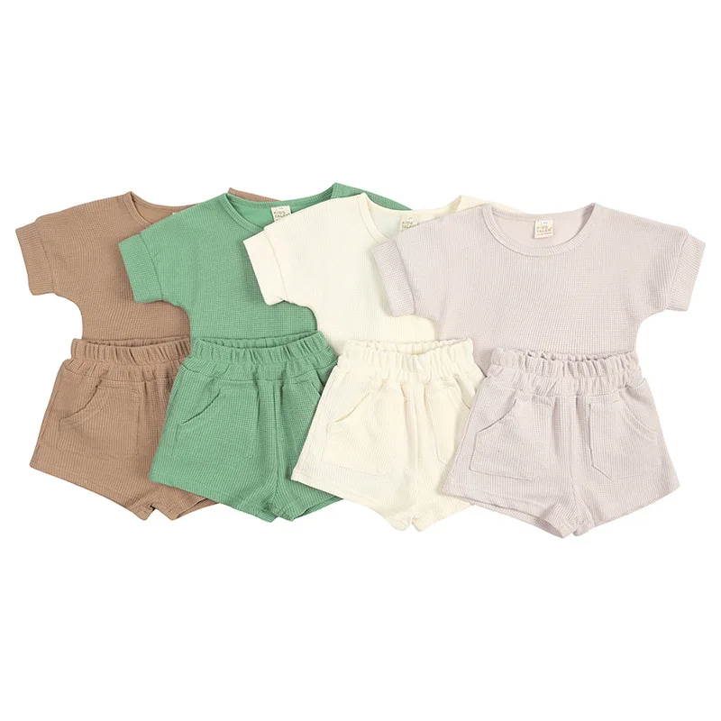 

Baby Boy Clothes Set Toddler Waffle Pure Short-sleeve Tops+shorts Suit Children Girl Cotton Suits Suit Kid Unisex T-shirt Sets
