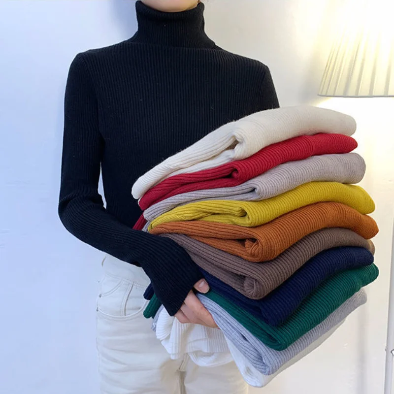 

2022 Women Pullover Turtleneck Sweater Autumn Casual Long Sleeve Slim Elastic Sweaters Female Simple Solid Color Knitted Jumpers