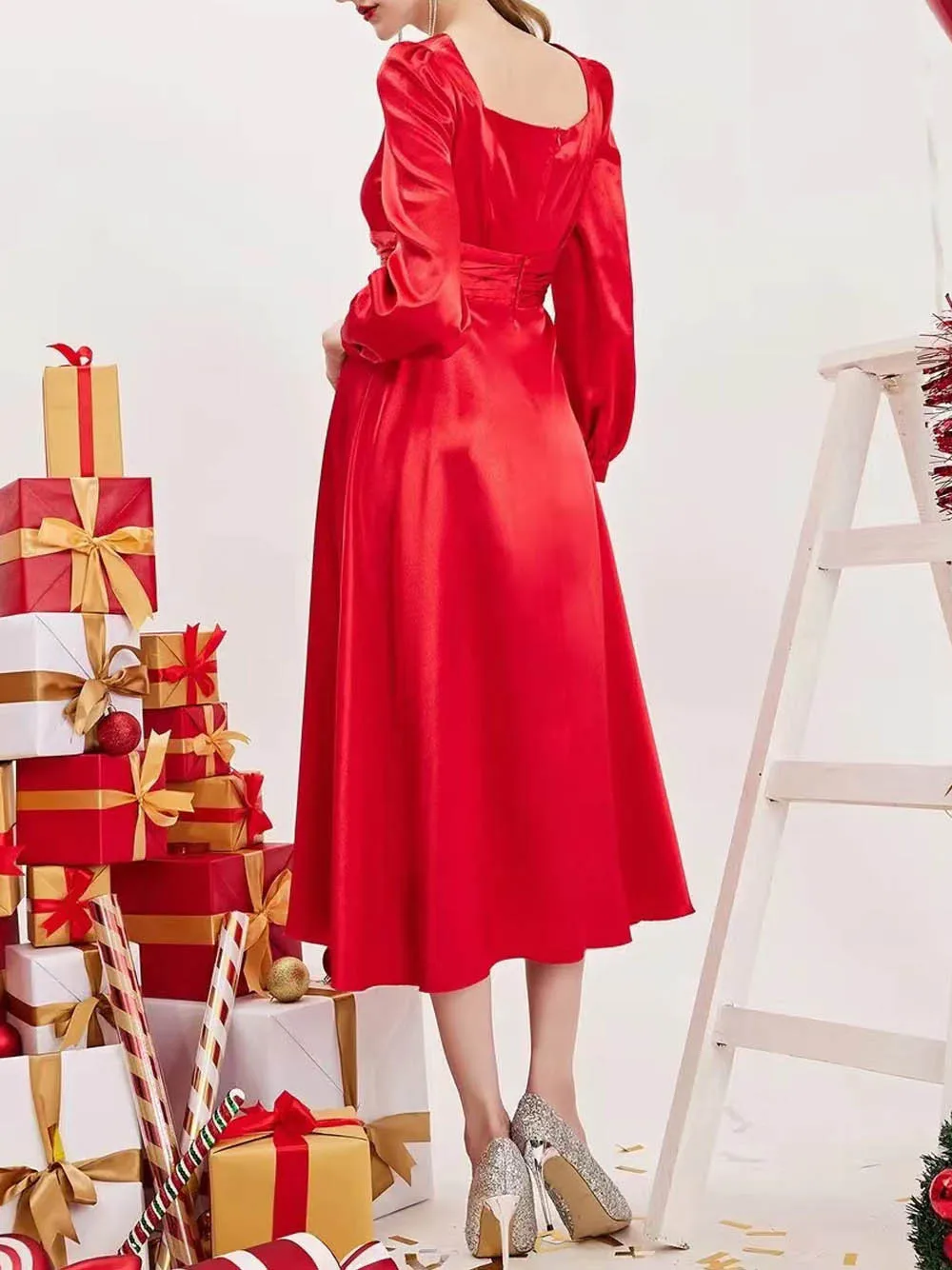 Elegan Women Prom Long Dresses 2023 New Red Long Sleeve Slim Pleated Fashion Dress Female Homecoming Party Formal Dresses