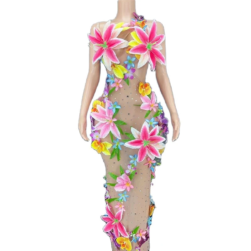 

Sexy Colorful Big Flowers Transparent Long Dress Women Dancer Show Stretch Stage Costume Outfit Evening Prom Party Dress