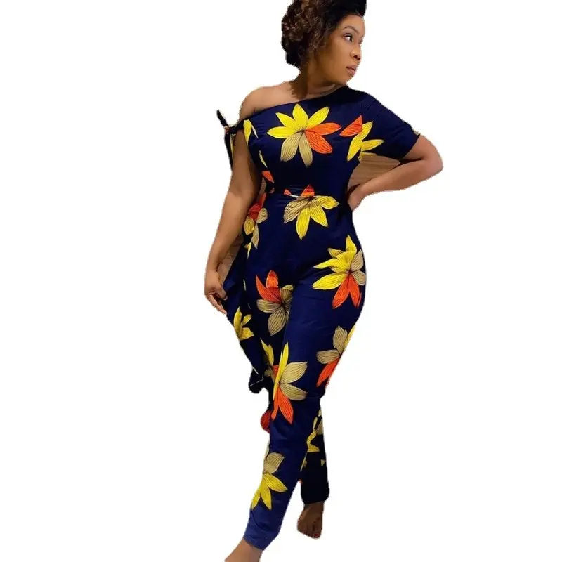 

Women Printed Jumpsuits Summer Short Sleeve Bare Shoulder Floral Pattern Skinny Rompers African Party Club One Piece Outfits 4XL