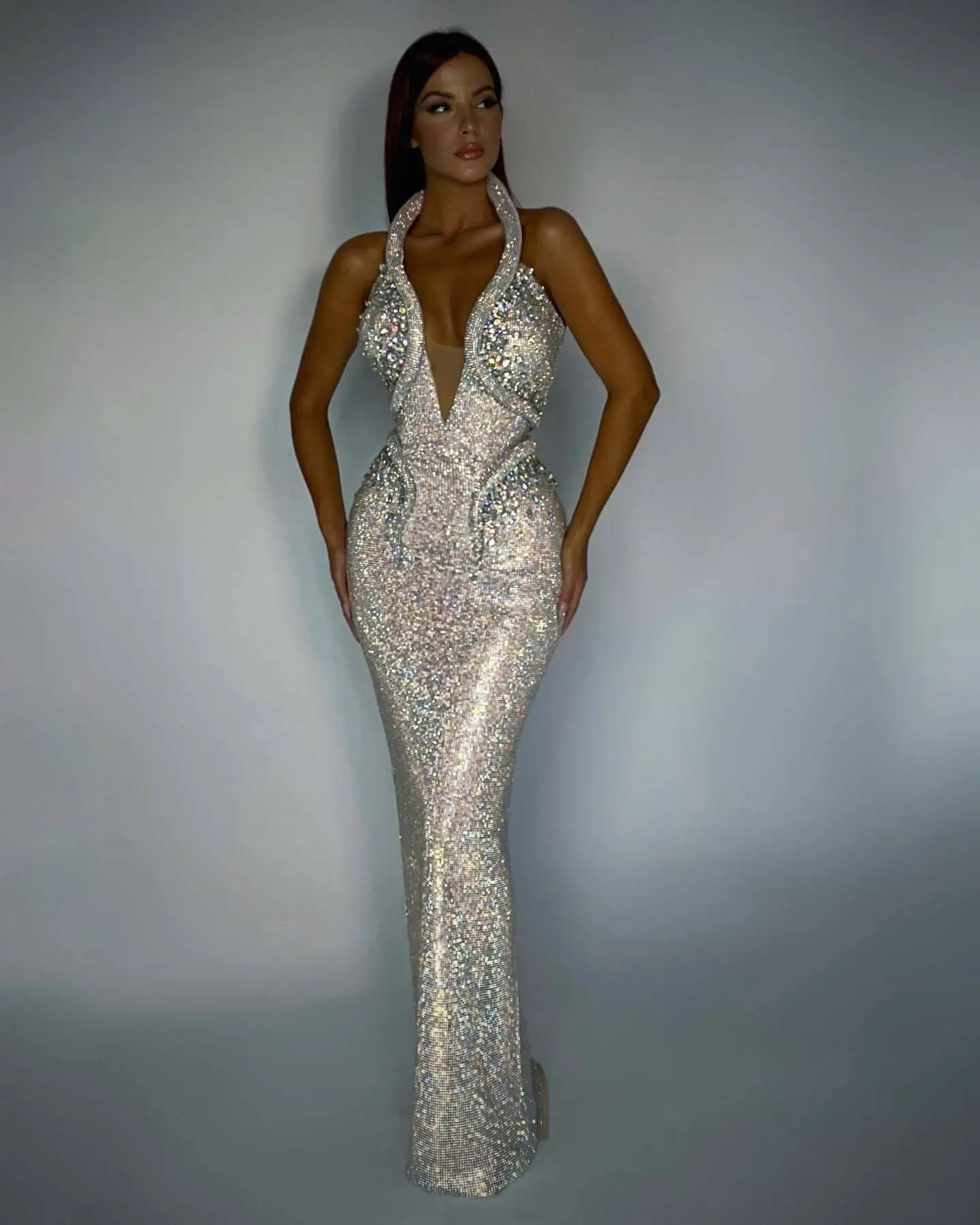 

2022 Women Fashion Mermaid Prom Dress Sexy Sequins V-neck Halter Sleeveless Backless Elegant Evening Dresses