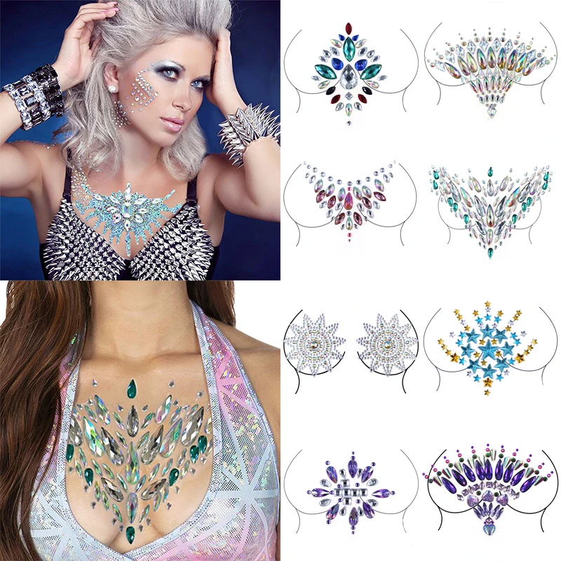

3D Shiny Crystal Chest Sticker Nipple Cover Sticker Girl Temporary Tattoo Sticker Sexy Breast Chest Paste