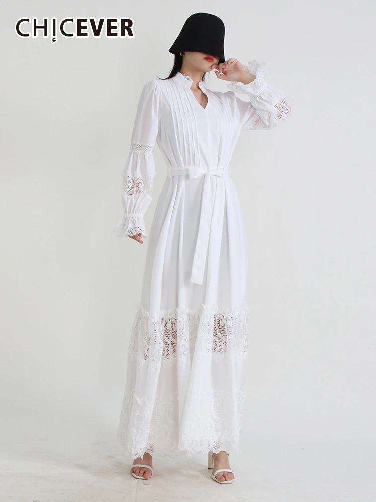 

CHICEVER Embroidery Ruched Dresses For Women Stand Collar Flare Sleeve High Waist Solid Elegant Pleated Dress Female Spring New