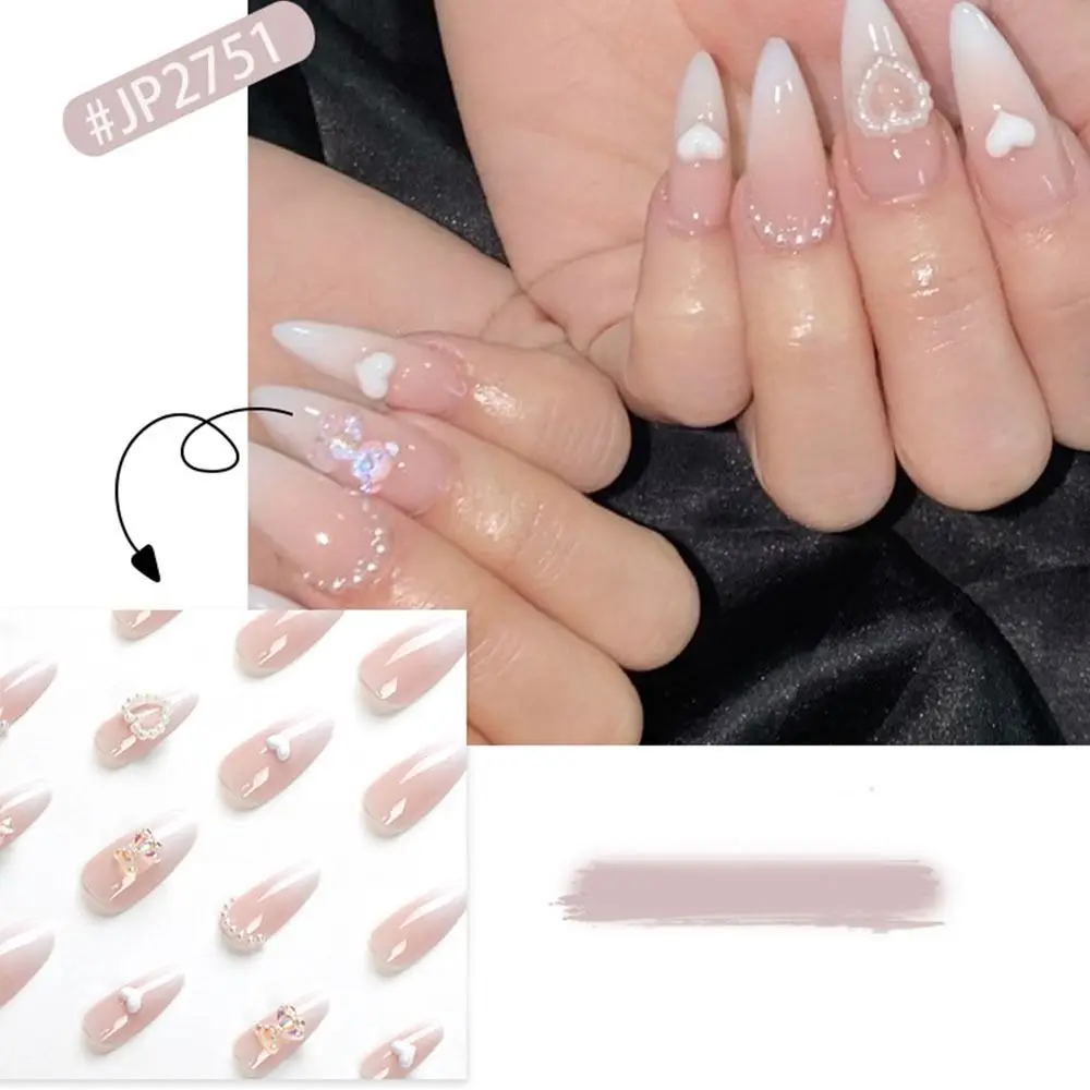 

Французские накладные ногти для маникюра с длинным миндальным жемчугом накладные ногти съемный бант накладные ногти для женщин