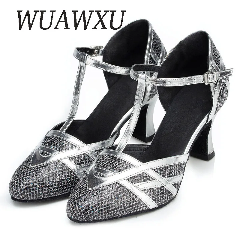 NATASHA 2023 Baotou Latin Dance Shoes Female Adult Gold Sequins Square Dance Shoes Medium High Heel Social Dance Performance Sho