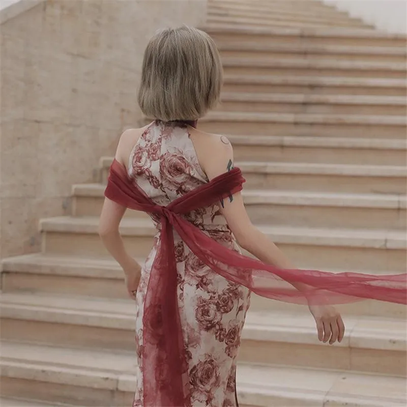 Women Chinese Traditional Cheongsam Qipao Floral Style Vintage Off Shoulder Slit Long Dresses Party Performance Dance Robe