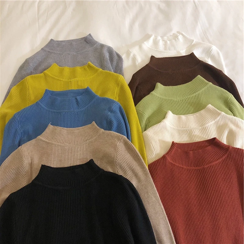 

Женский Модный трикотажный пуловер свитер в Корейском стиле, женские свитера с длинным рукавом, полуводолазка, тонкий однотонный джемпер, м...