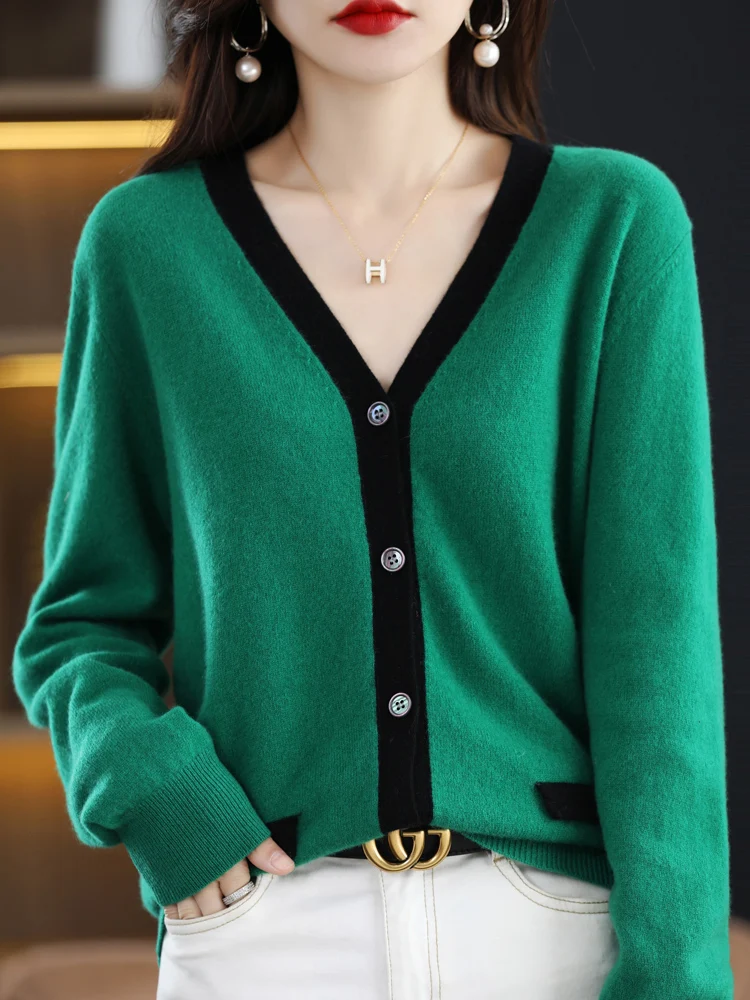 

Womens Grace V-neck Cardigan Sweater Autumn Winter New Chic 100% Merino Wool Warm Cashmere Knitwear Female Clothing Tops