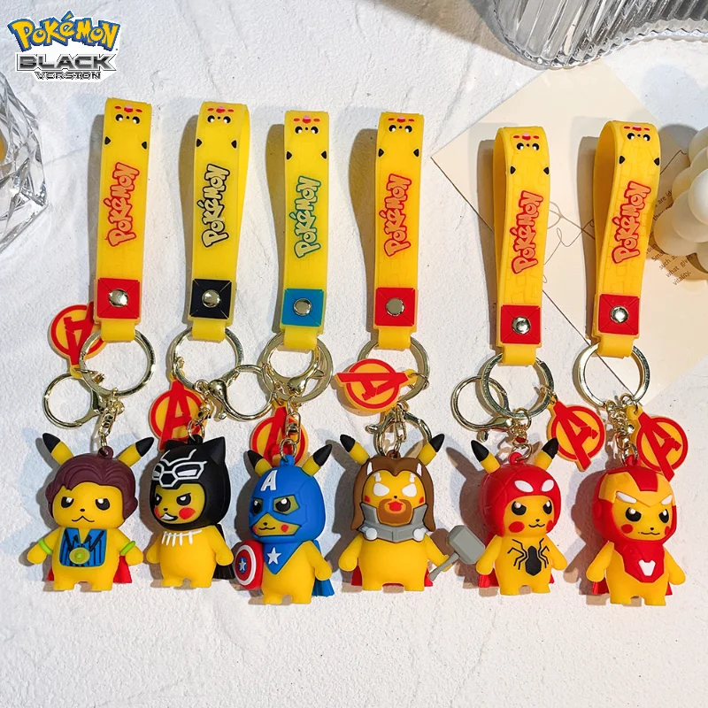 

New Style Pokemon Cartoon Pikachu Keychain Thor Black Panther Epoxy Doll Accessories Cute Bag Pendant Keychain Children's Gift