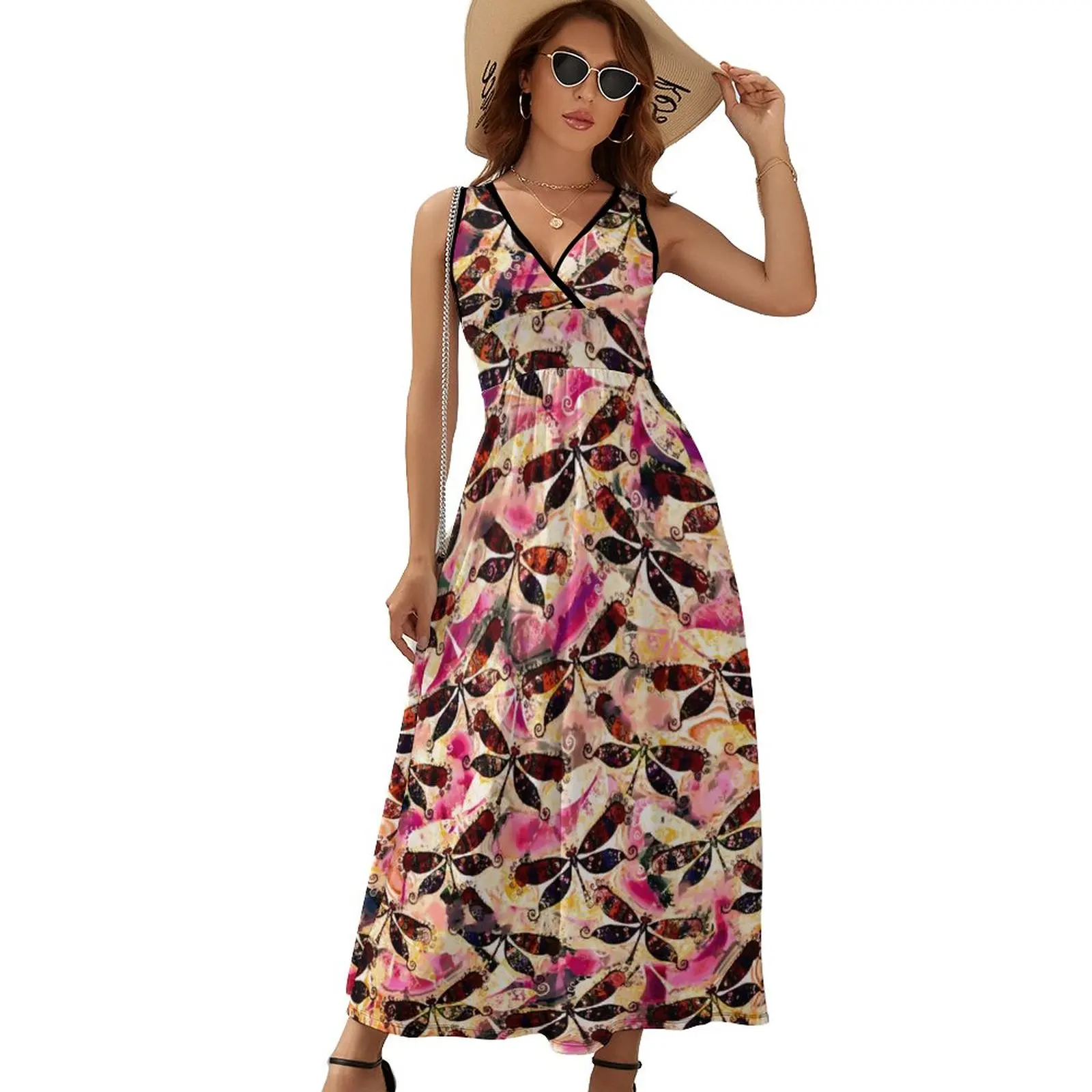 

Bright Dragonfly Dress Abstract Animal Print Club Maxi Dress V Neck Graphic Boho Beach Long Dresses Aesthetic Oversize Vestido