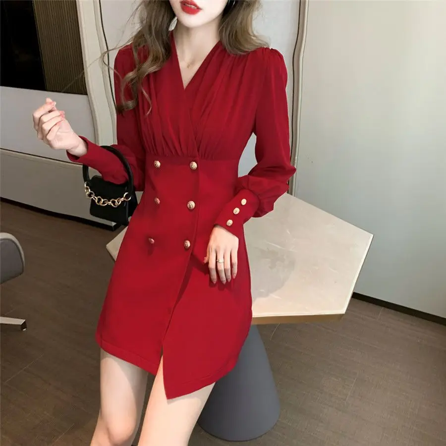 

Korean Elegant Solid Suit Dress Women 2023 New Autumn Winter Fashion Double Breasted Casual Solid A Line Dress Tops D109