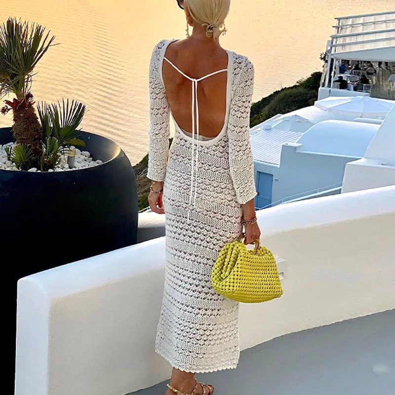 

Sexy U-Shape Backless Lace-Up Crochet Knitted Dress Autumn 2022 Elegant Slim Street Maxi Dress Women Fashion Hollow Party Dress