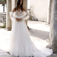 simple bride gowns for women long puff illusion sleeves sweetheart zipper backless a line sweep train tulle vestido de noiva