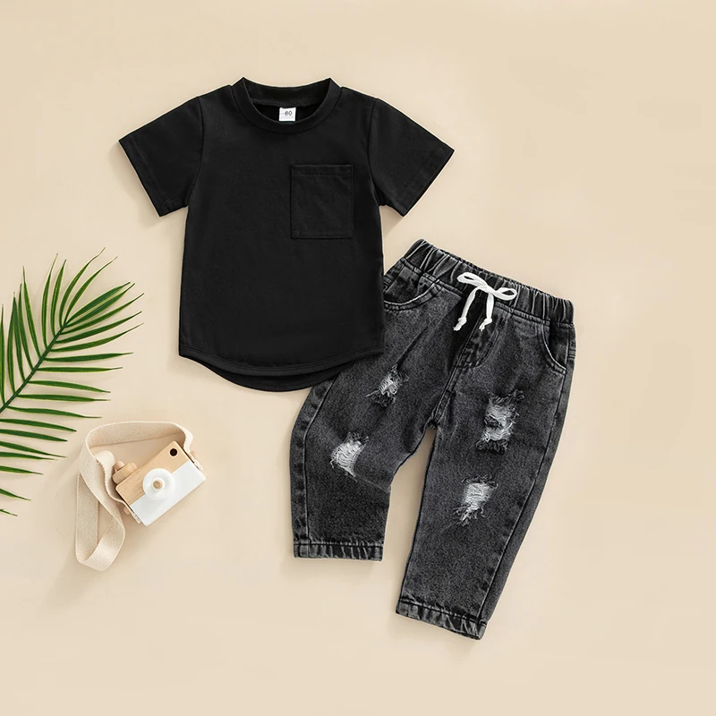 

6M-3Y Infant Baby Boys 2 Pieces Outfits Suit Clothes Set Short Sleeve T-Shirt Tops Ripped Jeans Denim Pants Set Toddler Newborn