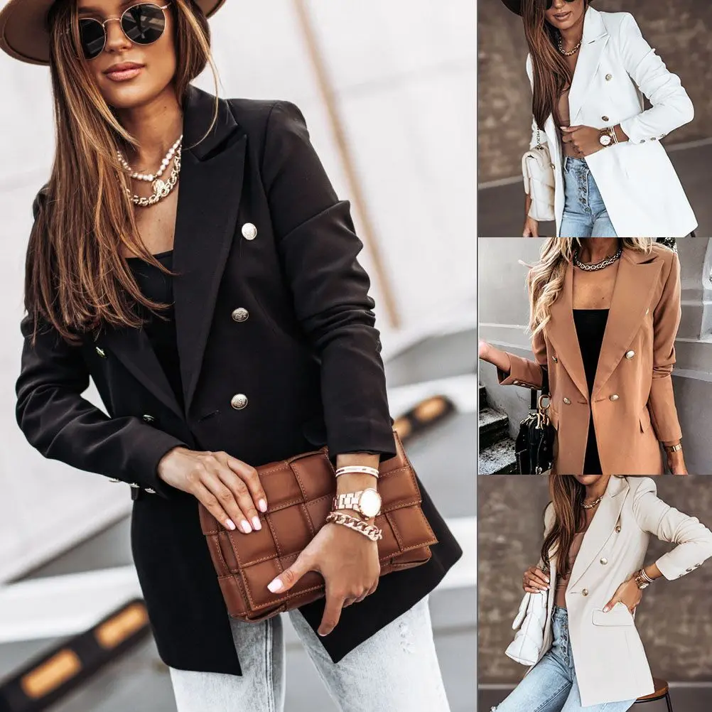

Women's Blazer Coat Notched Long Sleeve Jacket 2022 Autumn Fashion New Double Breasted Blazers Solid Color Office Lady Outerwear