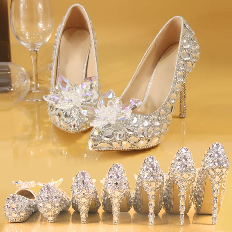 

Silver Crystal Wedding Shoes Rhinestone Pearl Beaded Women Pumps Pointed Toe High Heel Party Banquet Evening Dress Bridesmaid