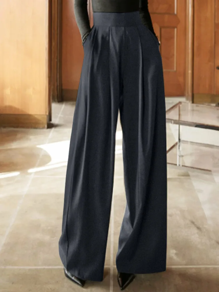 

Celmia High Waist Solid Long Trousers Casual Loose Elegant Women 2023 Fashion Wide Leg Pants Autumn OL Pressed Pleats Pantalon