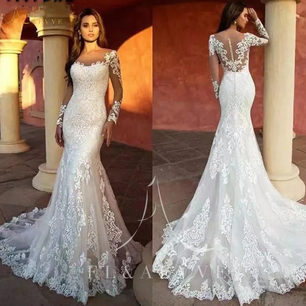 

Белое кружевное свадебное платье с круглым вырезом и длинным рукавом, элегантные женские платья 2024, элегантные и красивые женские платья для невесты
