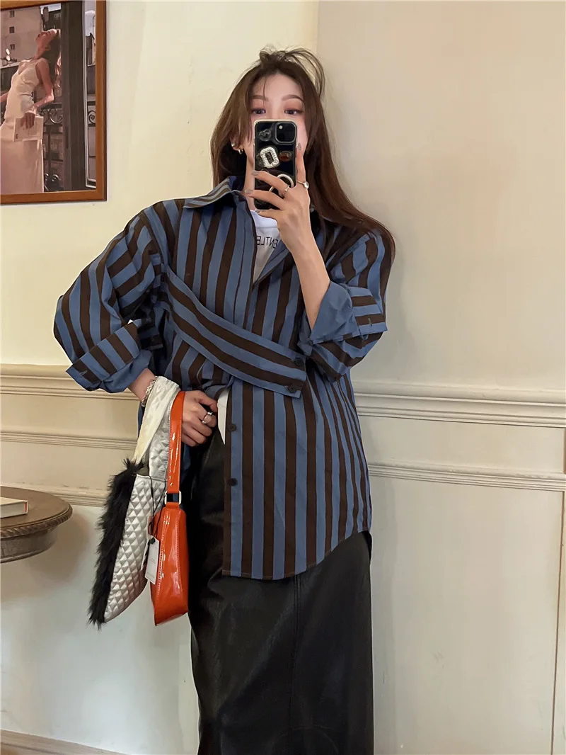 Полосатая рубашка в Корейском стиле Повседневная модная с асимметричным