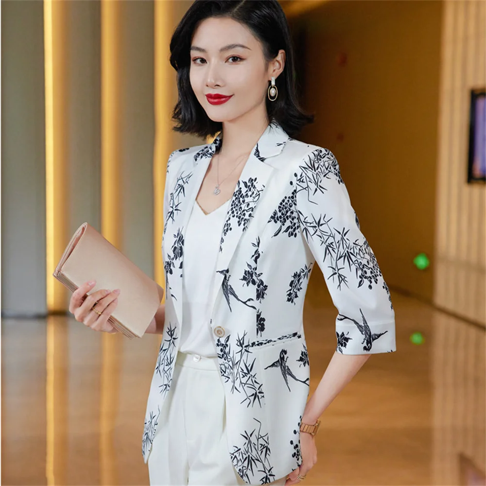 Women Printed Blazer Summer 2023 New in Female Casual Fashion Thin Slim Half Sleeve Coat Office Ladies Work Formal Jacket