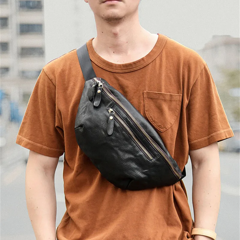 Retro fashion designer natural real leather men's summer sports lightweight chest bag outdoor daily work real cowhide waist bag