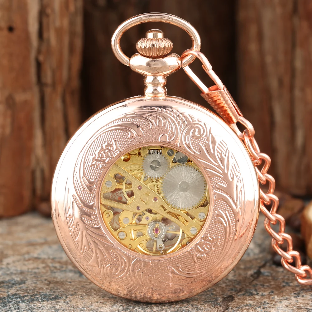 Trendy Rose Gold Manual Mechanical Pocket Chinese Knot Hollow Pattern Hand Winding Pocket Timepiece Vintage Fob Chain Man Clock