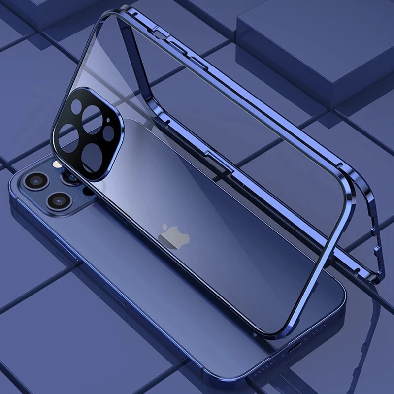 

Защитный Магнитный чехол для iPhone 13, 12, 11 Pro, XS Max, X, XR, Mini, двухстороннее стекло с крышкой для объектива камеры, 360