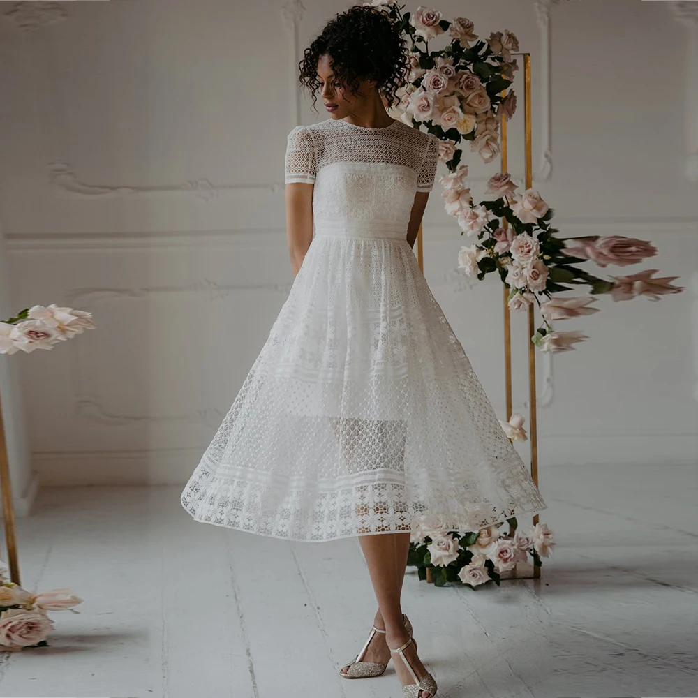 

Modern Simple Wedding Dresses O-Neck Cap Sleeves Satin Dress A-Line Tea Length Lace Open Back Party Bridal Gown Vestido de Novia