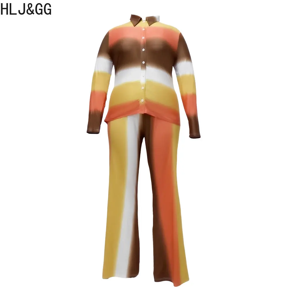HLJ&GG Plus Size Women Clothing XL-5XL Casual Stripe Print Button Shirt + Wide Leg Pants Two Piece Sets Spring Matching Outfits