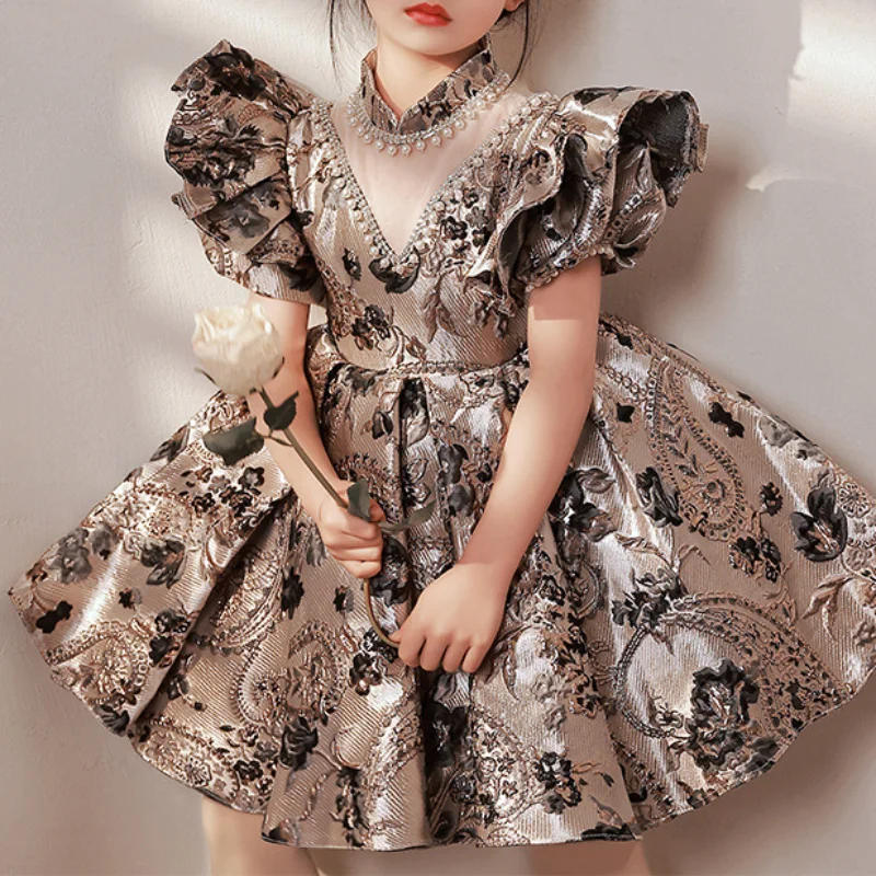 

Small Stand Collar Appliques Stain Flower Girls Dresses Flying Sleeve Pleated Princess Vestidos Exquisite Beading Birthday Dress