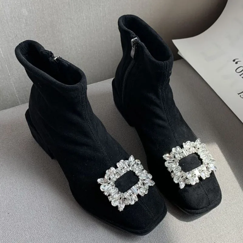 

Женские Эластичные ботильоны стразы, Новые осенне-зимние ботинки на молнии с квадратным носком, женские современные Ботинки на каблуке, 2022