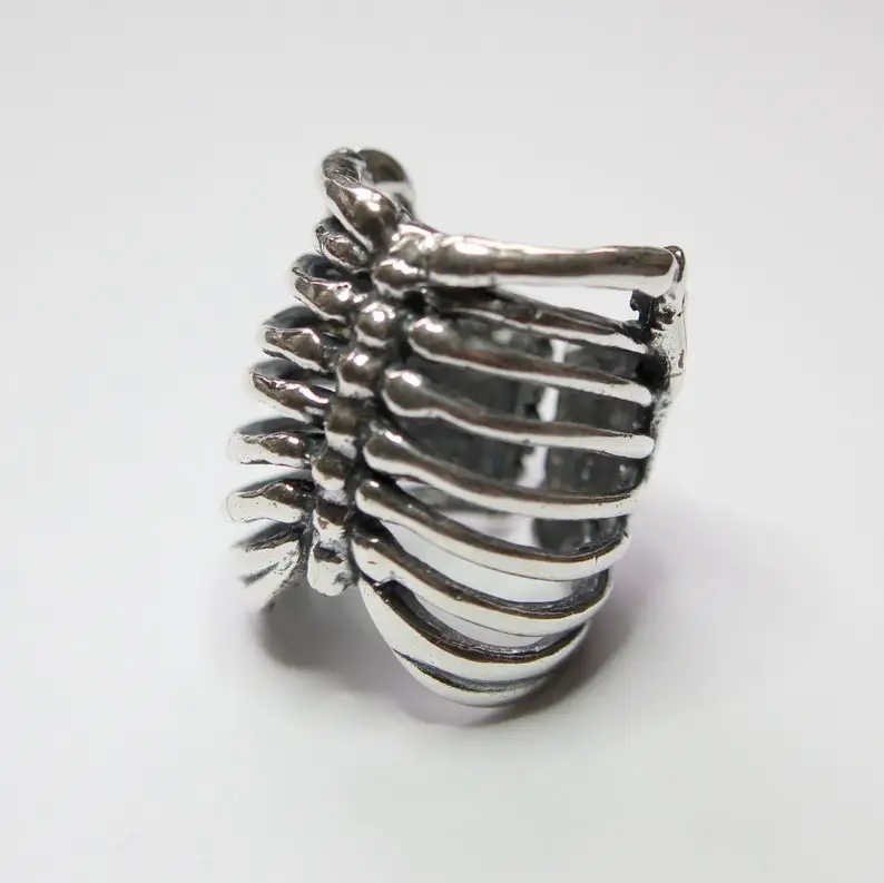 

Human Rib Cage Skeleton Bone Ring - Solid Hand Cast Silver Plated White Bronze - Upper Torso Medical Statement RIng