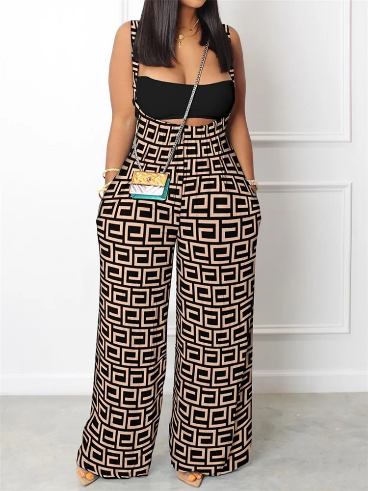 

Sets Outifits 2023 New Geo Trim Wide Leg Suspender Jumpsuit & Colorblock Crop Tube Top Set Of Two Fashion Casual Pieces For Wome