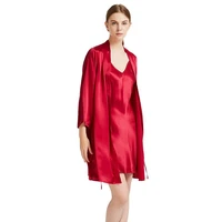 luxury 100 pure silk satin women night robe summer red sexy silky slip dress 2 piece suit ladies leisure comfortable nightwear