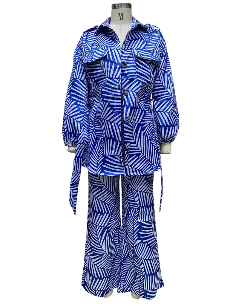 

2023Casual skirt and pantsuit, Spring New Women's Printed Cardigan Belt Button Top Straight Trouser Two Sets