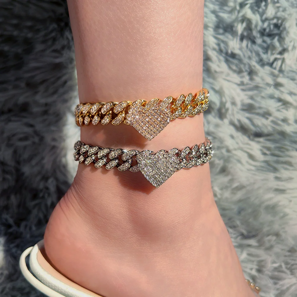 

Hip Hop Bling Rhinestone Heart Cuban Link Chain Anklets For Women Summer Beach Crystal Anklet Bracelet Barefoot Luxury Jewelry