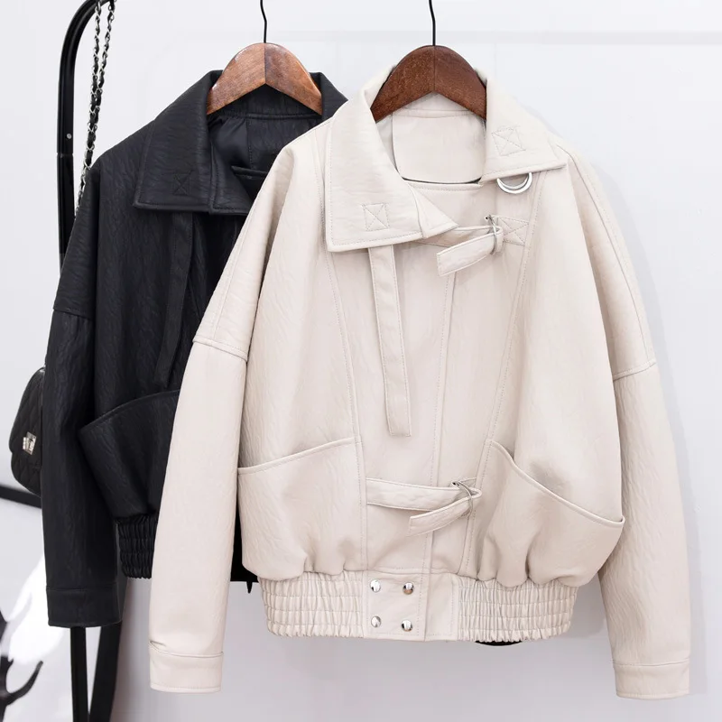 QAZIQILAND Spring New Loose PU Faux Leather Jacket Women Classic Moto Biker Jacket Autumn Winter Lady Basic Coat Y2k Outerwear