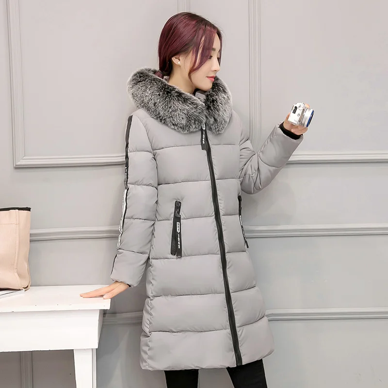 

New Winter Women Spliced Letter Prints Long Sleeve Hooded Fur Collar Cotton Female Slim Fashion Zipper Outerwear ZX696