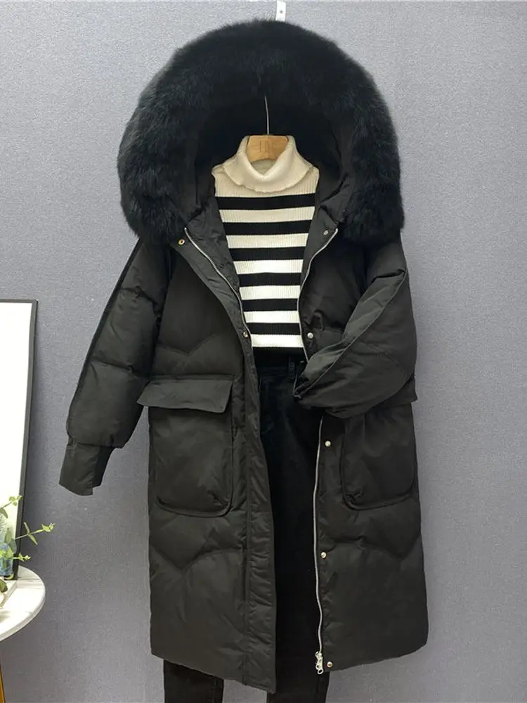 Women Long Down Jacket New Casual Style Fox Fur Collar White Duck Down Jackets Autumn Winter Coats And Parkas Female Outwear