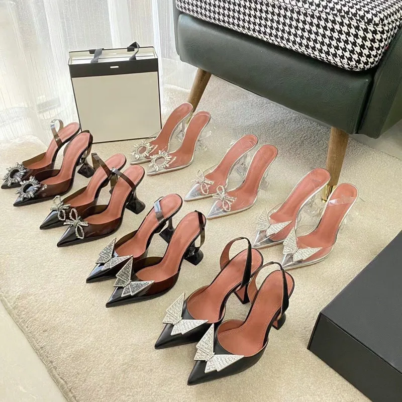 2023 Summer New Diamond Bow Women's Sandals PVC Transparent Rubber Pointed Hollow High Heel Sandals