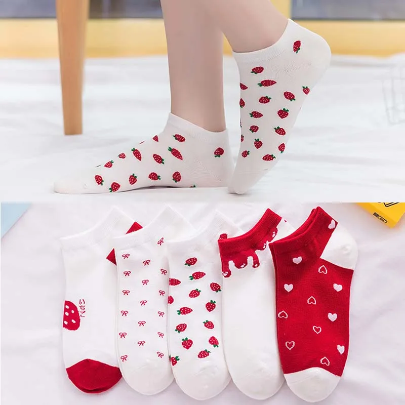 

5Pairs/Lot Cute Cotton Socks for Women Strawberry Fruit Women's Socks Spring Summer Girl Ankle Socks Cartoon Funny Woman Socks