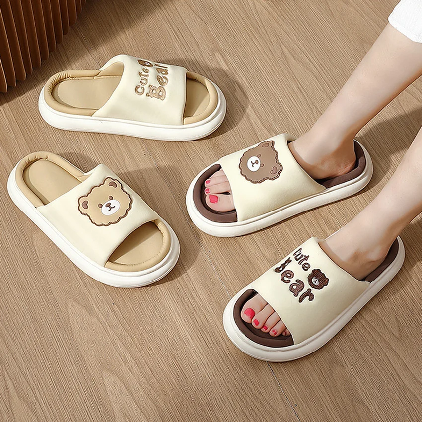 

House Slipper Home Women Teddy Dear Linen Flax Indoor Soft Sole Non Slip Anti Skid Slides Female Spring Autumn Ladies Shoes Flat