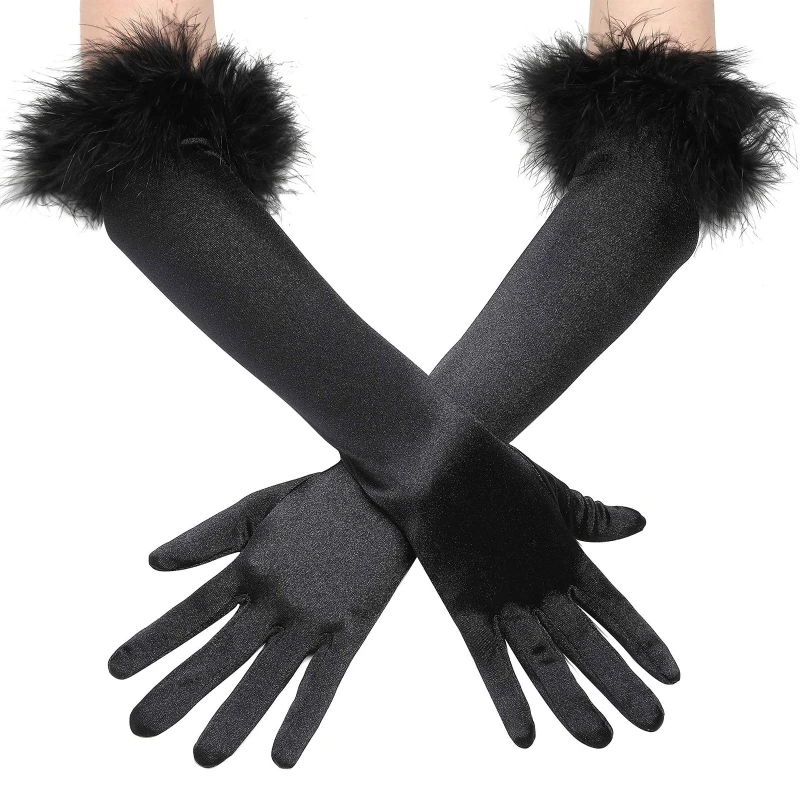 

Feather Cuff Long Gloves Autumn Dinner Dress Women's Polyester Elastic Gloves
